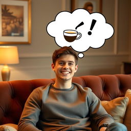 A young man with a bright smile, sitting on a comfortable sofa
