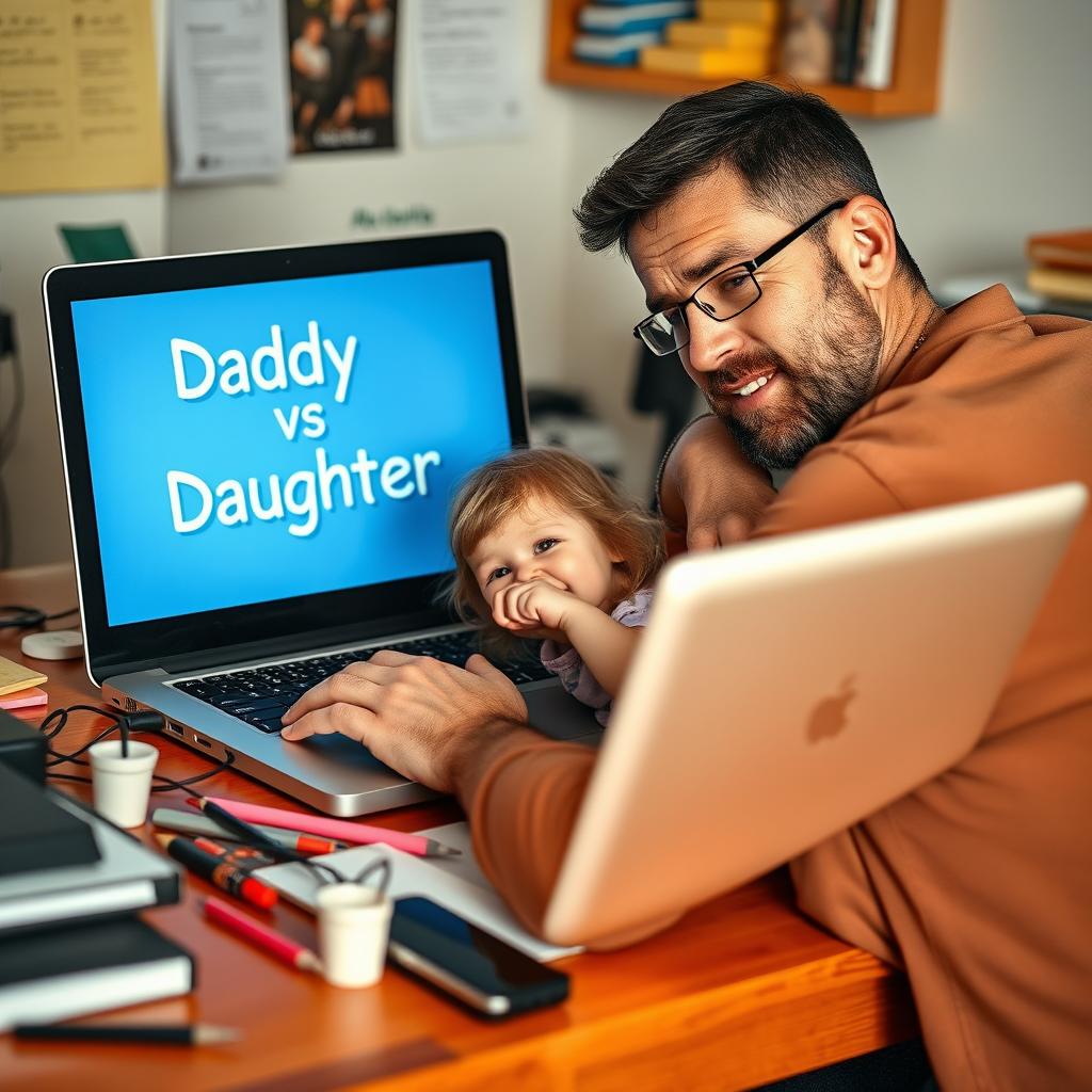 A charming scene on a cluttered desk showcasing a tired father intently focused on his laptop screen, which reads 'Daddy vs Daughter