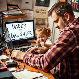 A charming scene on a cluttered desk showcasing a tired father intently focused on his laptop screen, which reads 'Daddy vs Daughter