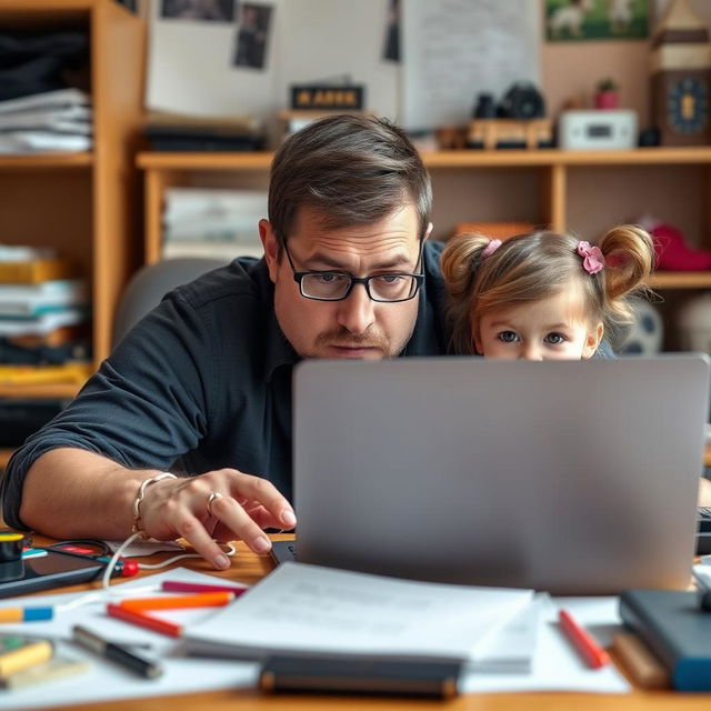 A charming scene on a cluttered desk showcasing a tired father intently focused on his laptop screen, which reads 'Daddy vs Daughter