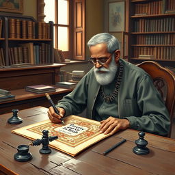 An artistic portrayal of Dadabhai Naoroji, the distinguished Indian political leader and economist, intently designing a book cover titled 'Poverty and Un-British Rule'