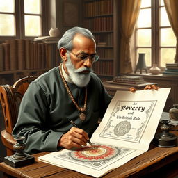 An artistic portrayal of Dadabhai Naoroji, the distinguished Indian political leader and economist, intently designing a book cover titled 'Poverty and Un-British Rule'