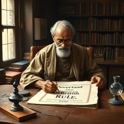 An artistic portrayal of Dadabhai Naoroji, the distinguished Indian political leader and economist, intently designing a book cover titled 'Poverty and Un-British Rule'