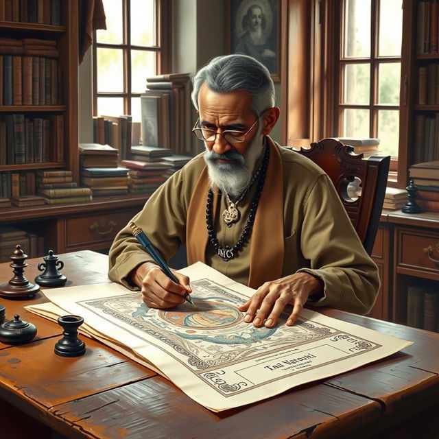 An artistic portrayal of Dadabhai Naoroji, the distinguished Indian political leader and economist, intently designing a book cover titled 'Poverty and Un-British Rule'