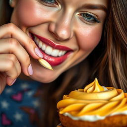 A stunning close-up of a beautiful woman joyfully enjoying a dessert, with a playful smile on her face