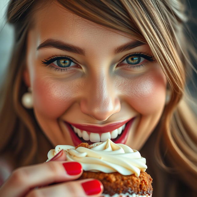 A stunning close-up of a beautiful woman joyfully enjoying a dessert, with a playful smile on her face