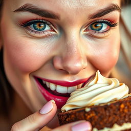 A stunning close-up of a beautiful woman joyfully enjoying a dessert, with a playful smile on her face
