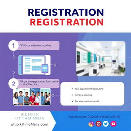 A modern and inviting poster design for Klinik Utama Melia, showcasing the steps for registration at the clinic