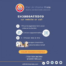 A modern and inviting poster design for Klinik Utama Melia, showcasing the steps for registration at the clinic