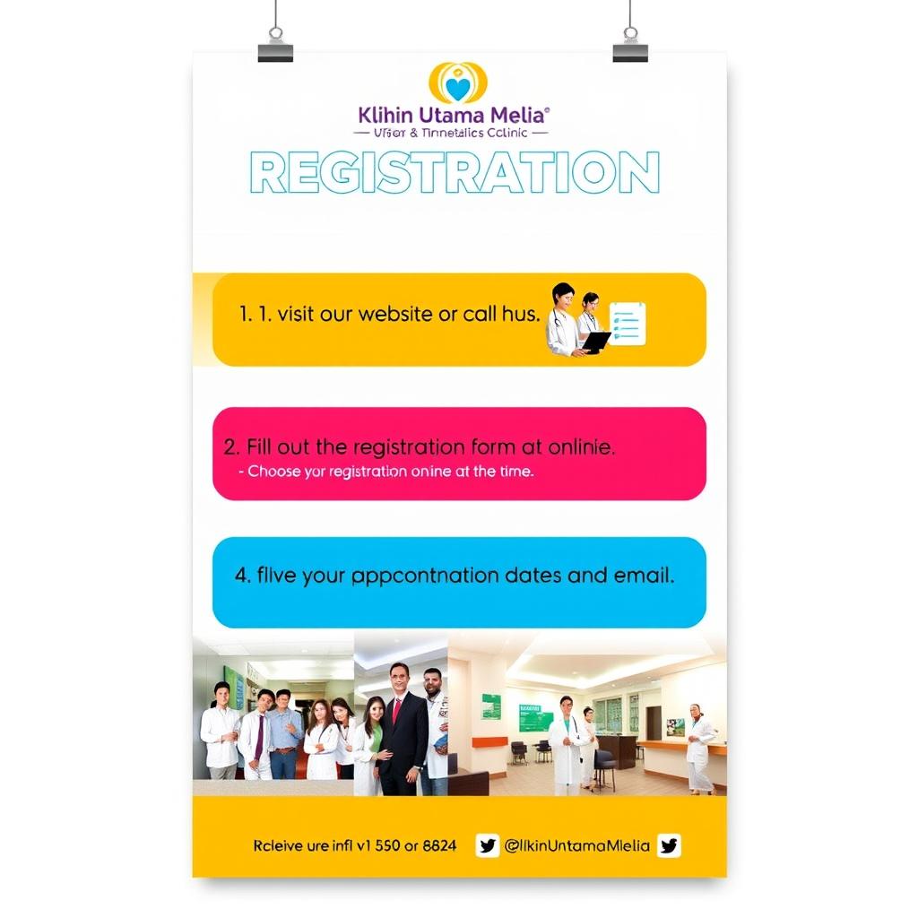 A modern and inviting poster design for Klinik Utama Melia, showcasing the steps for registration at the clinic