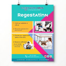A modern and inviting poster design for Klinik Utama Melia, showcasing the steps for registration at the clinic