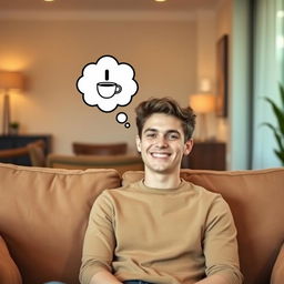 A young man with a bright smile, sitting on a comfortable sofa