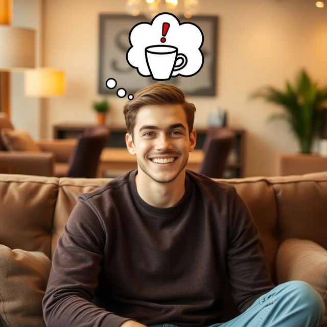 A young man with a bright smile, sitting on a comfortable sofa