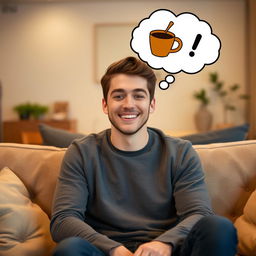 A young man with a bright smile, sitting on a comfortable sofa