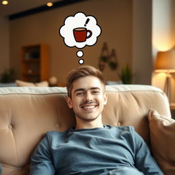 A young man with a bright smile, sitting on a comfortable sofa