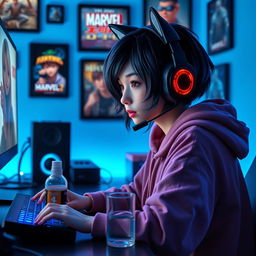 A 19-year-old girl with short black wavy hair styled in a wolf cut, seated at her gaming PC and intensely focused on playing Tekken 8