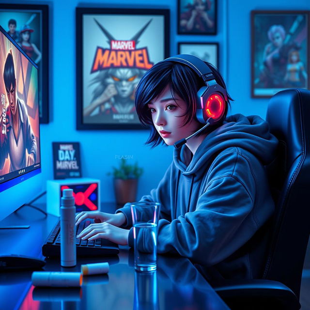 A 19-year-old girl with short black wavy hair styled in a wolf cut, seated at her gaming PC and intensely focused on playing Tekken 8