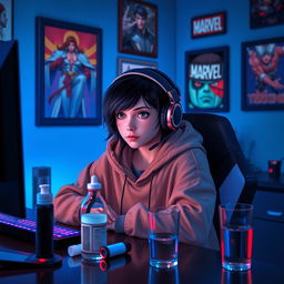 A 19-year-old girl with short black wavy hair styled in a wolf cut, seated at her gaming PC and intensely focused on playing Tekken 8