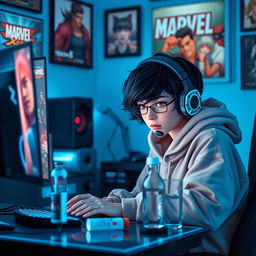 A 19-year-old girl with short black wavy hair styled in a wolf cut, seated at her gaming PC and intensely focused on playing Tekken 8