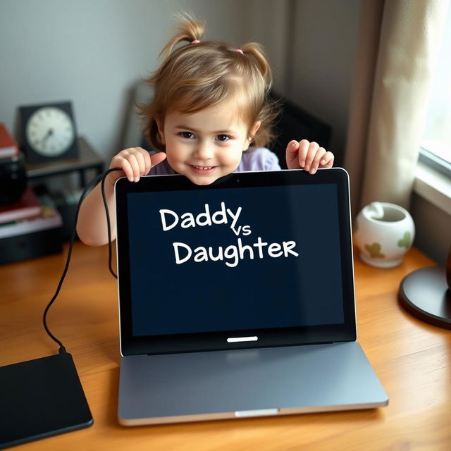 A delightful scene on a desk featuring a 2-year-old girl playfully peeking over a laptop screen that reads 'Daddy vs Daughter