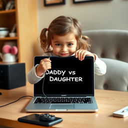 A delightful scene on a desk featuring a 2-year-old girl playfully peeking over a laptop screen that reads 'Daddy vs Daughter