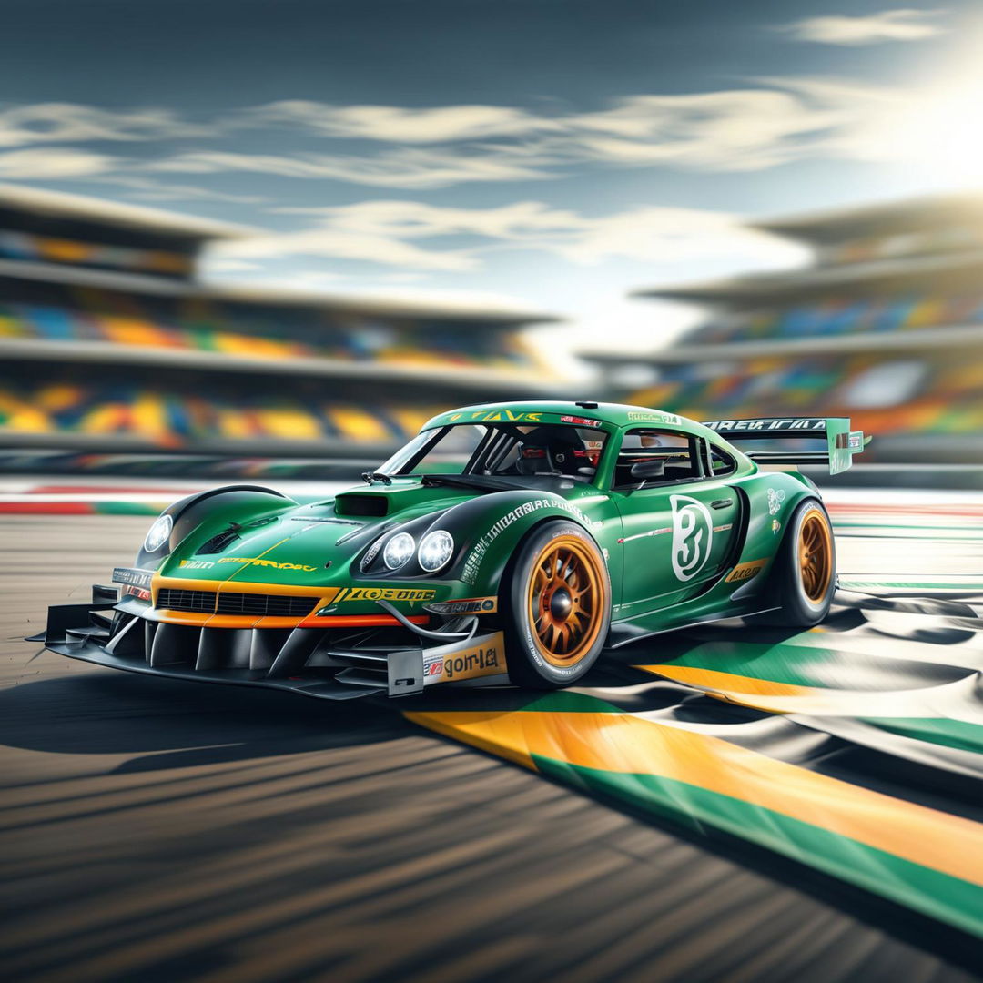 The image is a high-quality digital art representation of a Jamaican race car on a professional track