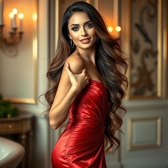 A glamorous and attractive woman with long flowing hair, wearing a stunning evening gown that accentuates her figure, standing confidently in a luxurious setting