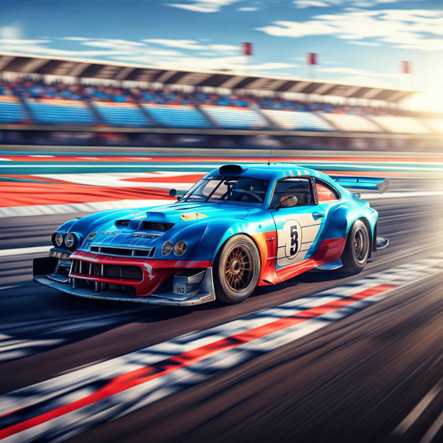 The image is a high-quality digital art representation of a Cuban race car on a professional track