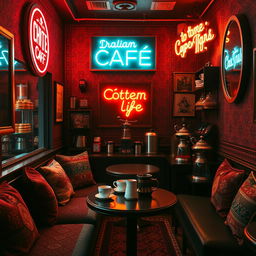 A cozy Iranian cafe with a dark theme illuminated by neon lights, showcasing intricate Persian decor