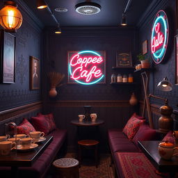 A cozy Iranian cafe with a dark theme illuminated by neon lights, showcasing intricate Persian decor