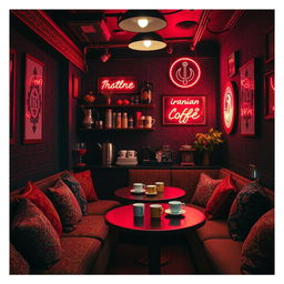 A cozy Iranian cafe with a dark theme illuminated by neon lights, showcasing intricate Persian decor