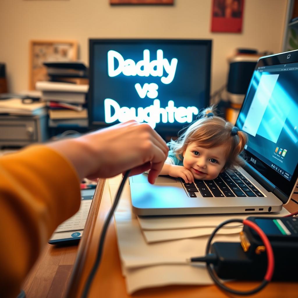 A whimsical scene on a cluttered desk featuring a father's hand hovering over the keyboard of his laptop, where the words 'Daddy vs Daughter' glow brightly on the screen