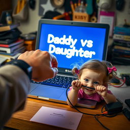 A whimsical scene on a cluttered desk featuring a father's hand hovering over the keyboard of his laptop, where the words 'Daddy vs Daughter' glow brightly on the screen