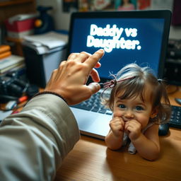 A whimsical scene on a cluttered desk featuring a father's hand hovering over the keyboard of his laptop, where the words 'Daddy vs Daughter' glow brightly on the screen