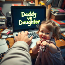 A whimsical scene on a cluttered desk featuring a father's hand hovering over the keyboard of his laptop, where the words 'Daddy vs Daughter' glow brightly on the screen