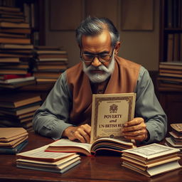A creative representation of Dadabhai Naoroji, the prominent Indian political leader and economist, diligently working on a book cover titled 'Poverty and Un-British Rule'