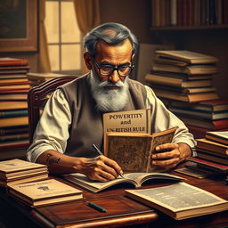 A creative representation of Dadabhai Naoroji, the prominent Indian political leader and economist, diligently working on a book cover titled 'Poverty and Un-British Rule'