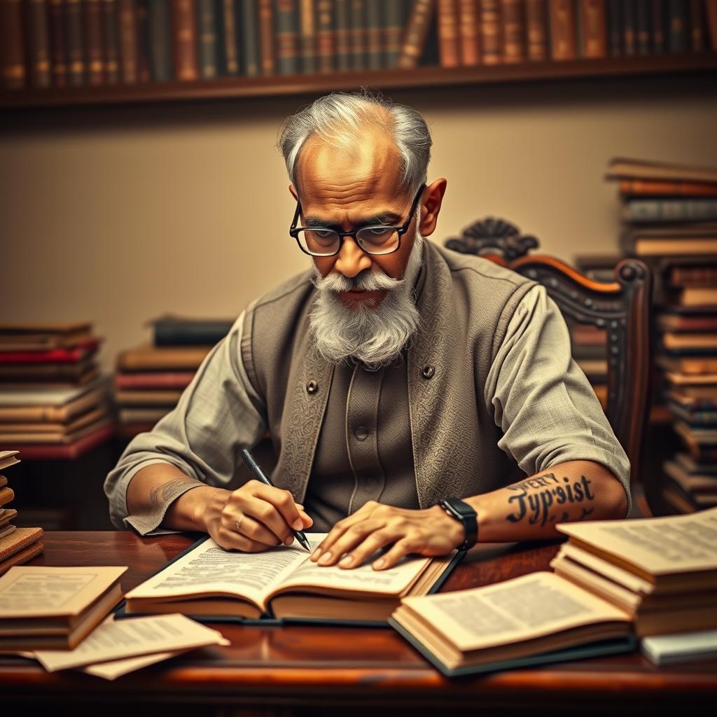 A creative representation of Dadabhai Naoroji, the prominent Indian political leader and economist, diligently working on a book cover titled 'Poverty and Un-British Rule'