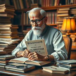 A creative representation of Dadabhai Naoroji, the prominent Indian political leader and economist, diligently working on a book cover titled 'Poverty and Un-British Rule'