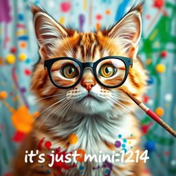 A cute and artistic cat wearing stylish glasses, showcasing a whimsical and colorful painting on its fur