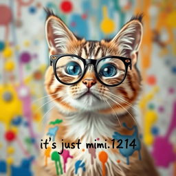 A cute and artistic cat wearing stylish glasses, showcasing a whimsical and colorful painting on its fur