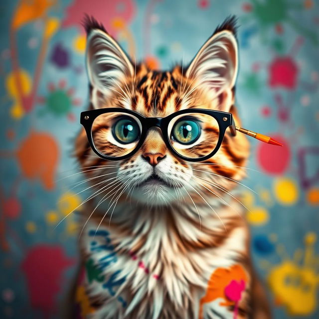 A cute and artistic cat wearing stylish glasses, showcasing a whimsical and colorful painting on its fur