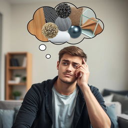 A young man with a worried expression on his face, sitting in a contemplative pose