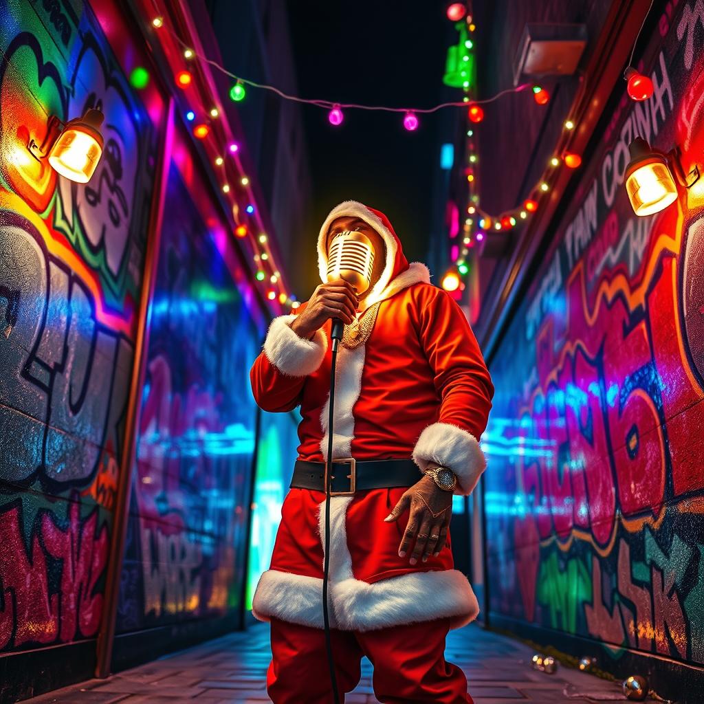 An urban Christmas night scene featuring graffiti walls adorned with vibrant street art, showcasing a golden glowing microphone as the focal point