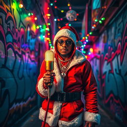 An urban Christmas night scene featuring graffiti walls adorned with vibrant street art, showcasing a golden glowing microphone as the focal point