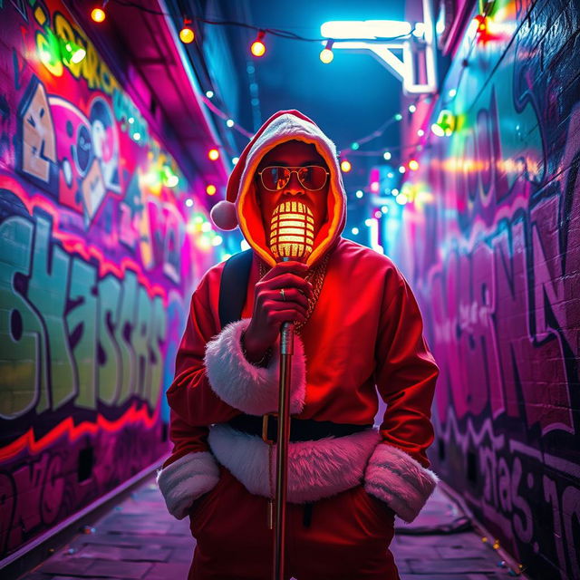 An urban Christmas night scene featuring graffiti walls adorned with vibrant street art, showcasing a golden glowing microphone as the focal point