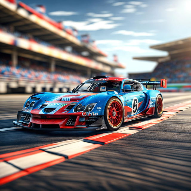 The image is a high-quality digital art representation of a Haitian race car on a professional track