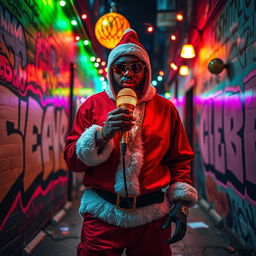 An urban Christmas night scene featuring graffiti walls adorned with vibrant street art, showcasing a golden glowing microphone as the focal point