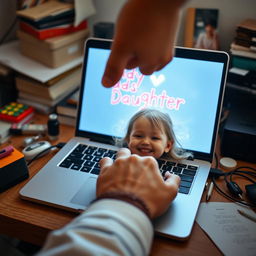 A delightful scene on a cluttered desk featuring a father’s hand hovering over the keyboard of his laptop, displaying 'Daddy vs Daughter' glowing brightly on the screen