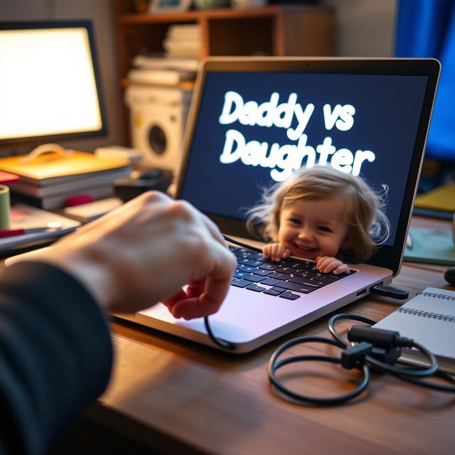 A delightful scene on a cluttered desk featuring a father’s hand hovering over the keyboard of his laptop, displaying 'Daddy vs Daughter' glowing brightly on the screen